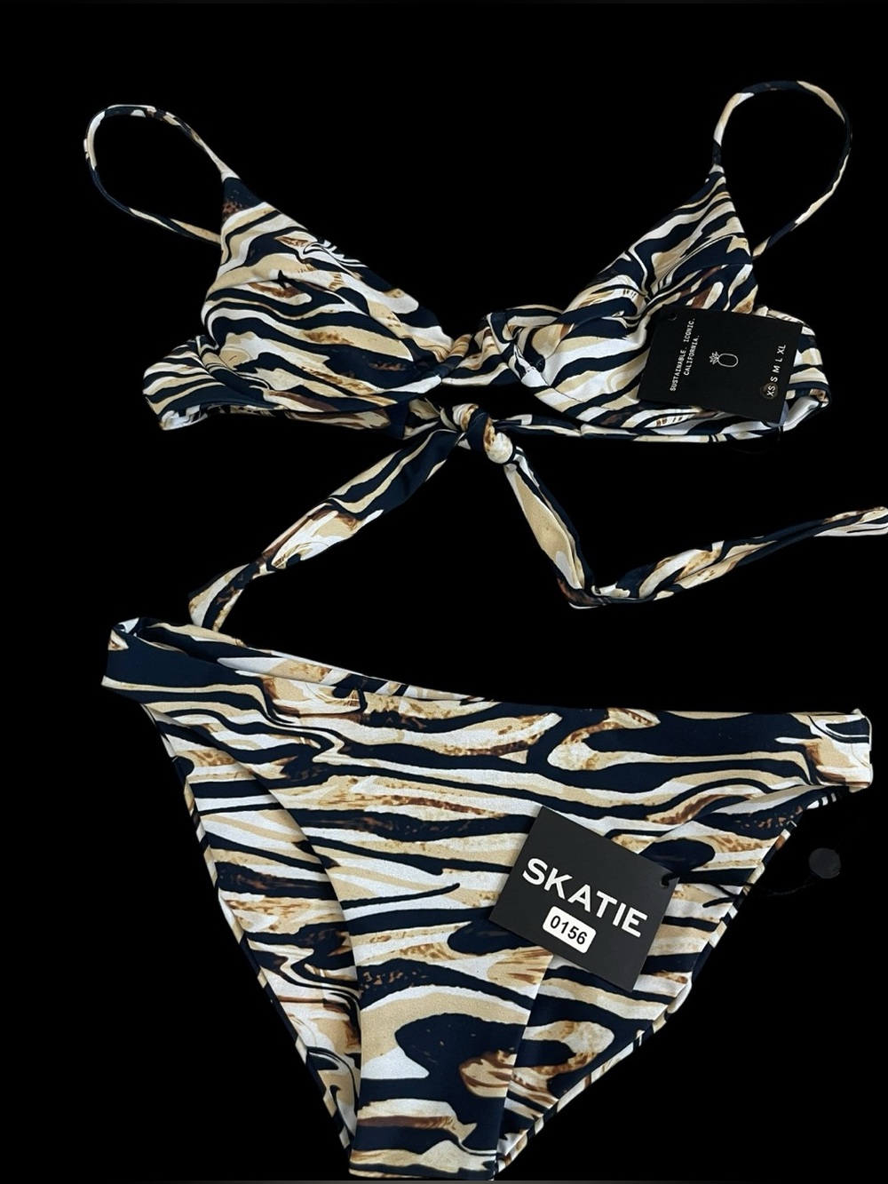 SKATIE Kate Top Dylan Bottom XS Bikini Set NWT Zebra Print Tie Back